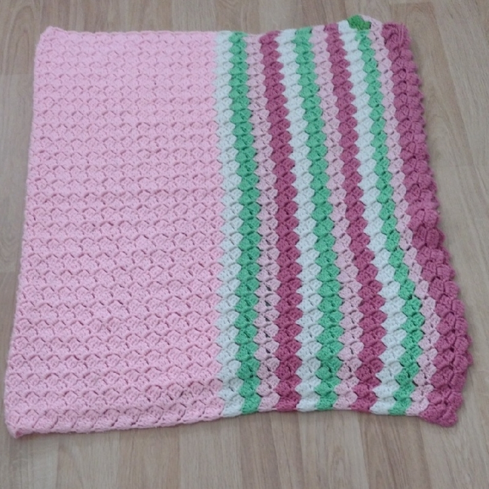 Crocheted Afgan 63" L 33" W Pink Green & White Diamond Pattern Vintage